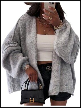 Womens Oversized Chunky Knit Open Front Batwing Cardigan Sweater Jacket